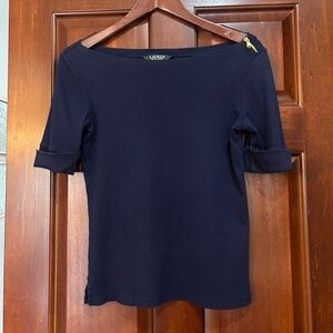 Lauren Ralph Lauren Navy Cotton Top Small Gold Zipper Shoulder Short Sleeve